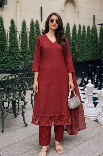 Rust Cotton Cutwork Kurta Set